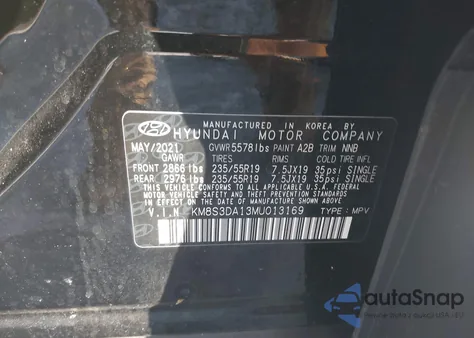 2021 Hyundai Santa Fe Hybrid Sel Premium z USA, uszkodzony, nr VIN KM8S3DA13MU013169